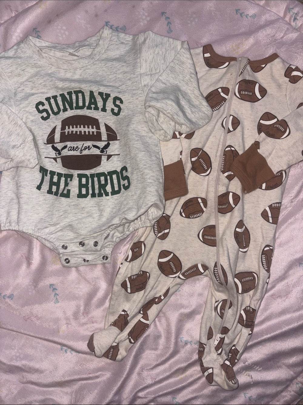 EAGLES 🦅💚  baby size 6-9M Football Print One-Piece & Light Gray Shirt 9M